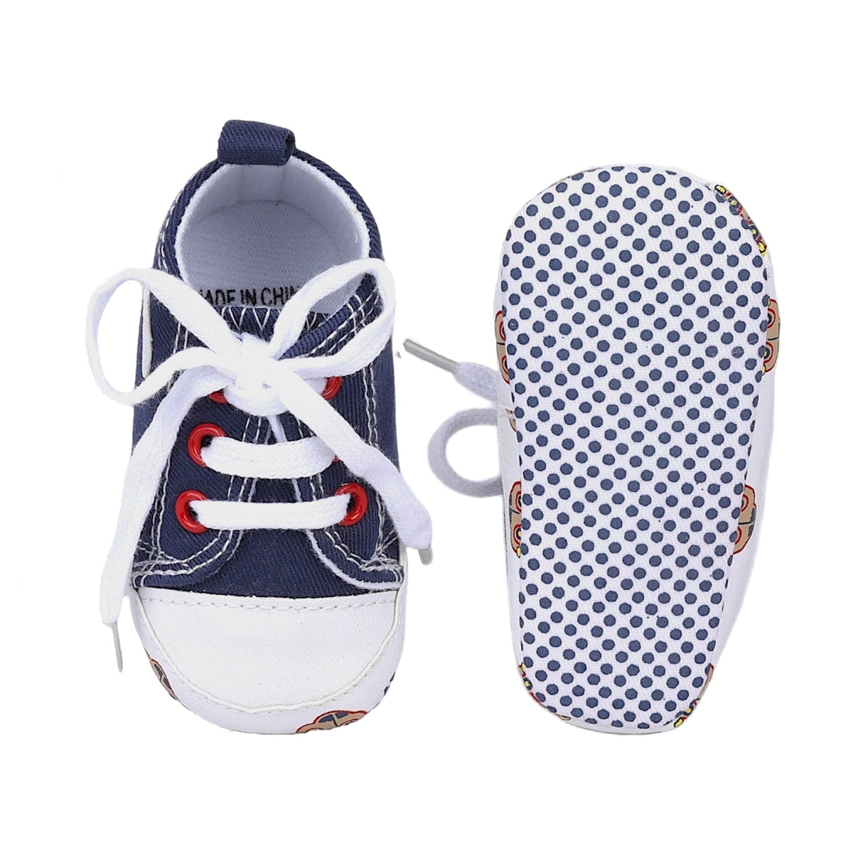 Baby Moo Car Printed Laceup Design Anti Skid Denim Sneakers Blue And White
