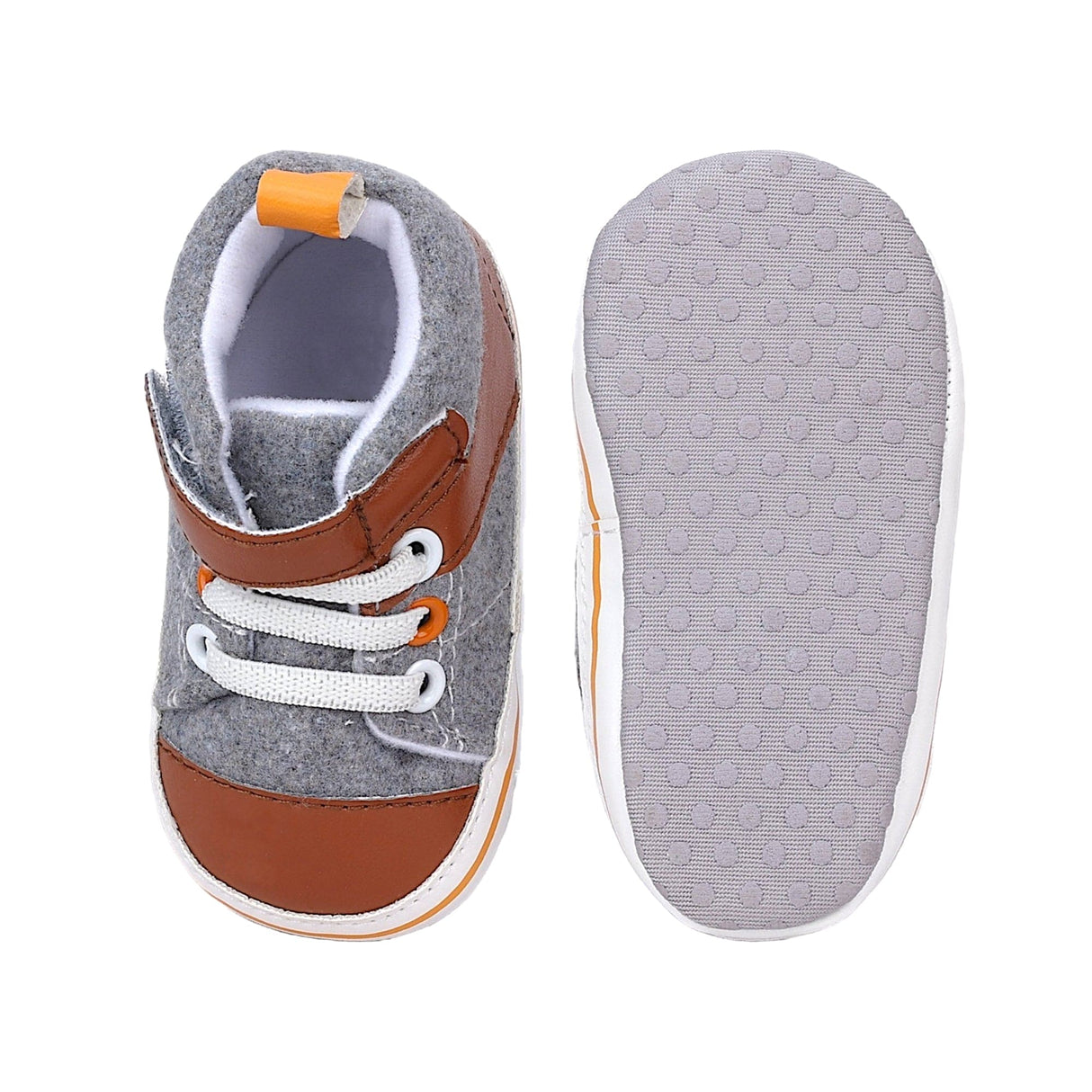Baby Moo Leather Laceup Design Velcro Strap Anti Skid Sneakers Grey And Brown