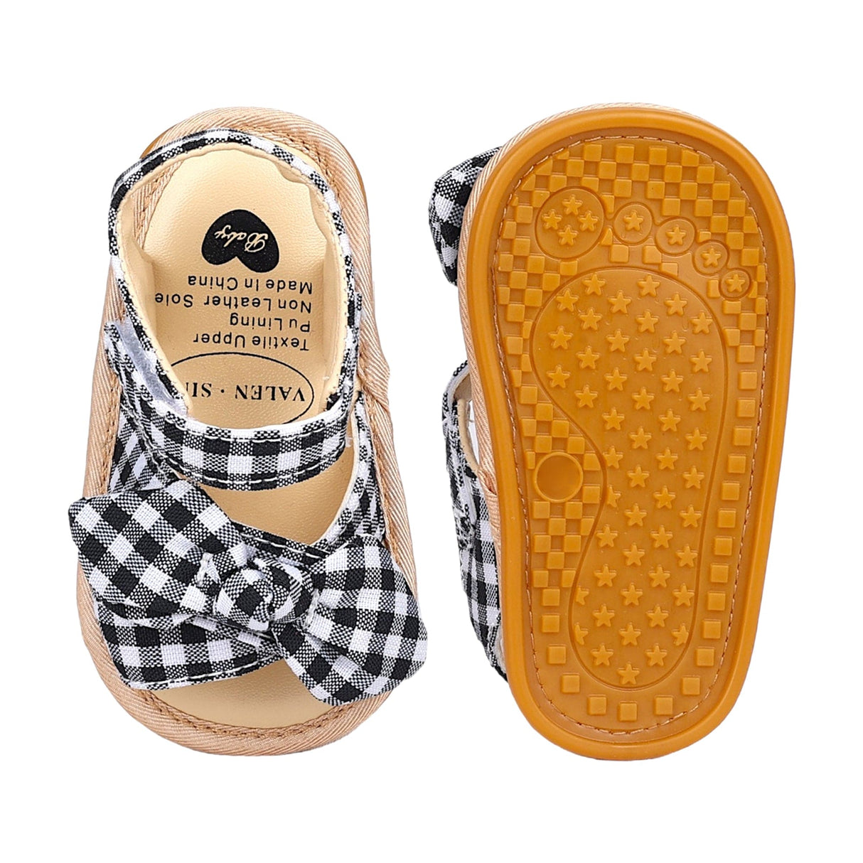 Baby Moo Checks Bow Knot Velcro Strap Anti-Skid Open Toe Sandals - Black