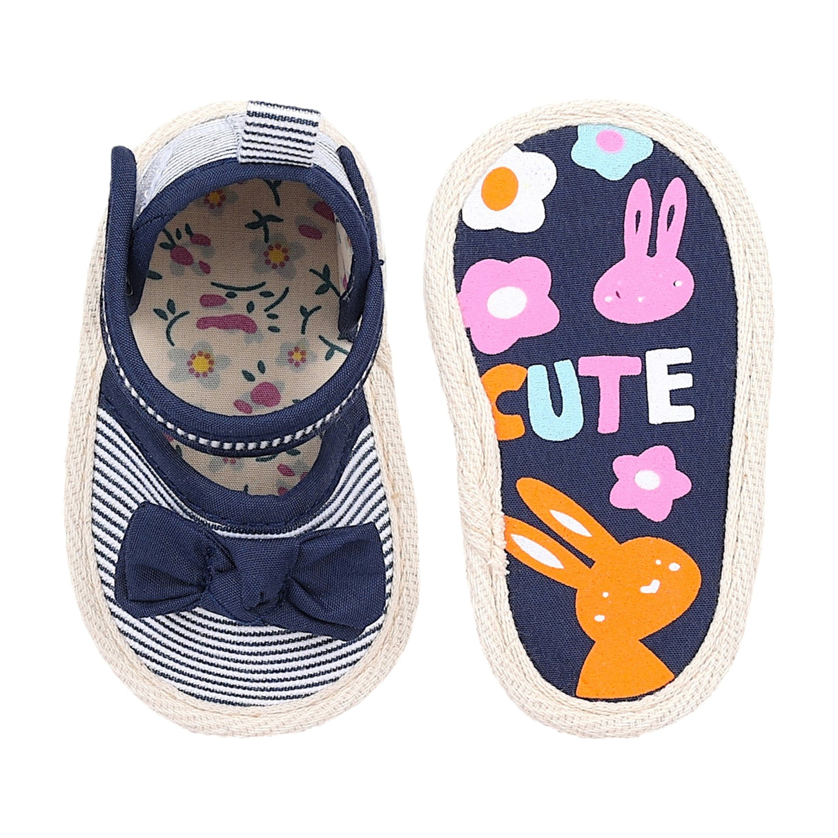 Baby Moo Bow Nautical Striped Velcro Straps Anti-Skid Sandals