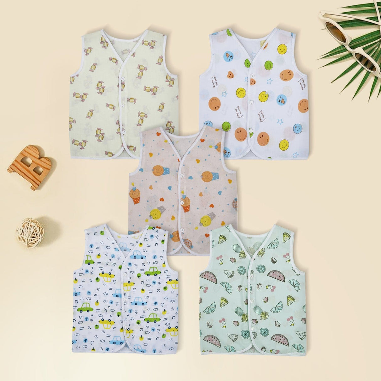 Baby Moo Car And Fruit Print Front Button Cotton Jhablas 5 Pcs Yellow And Multicolour