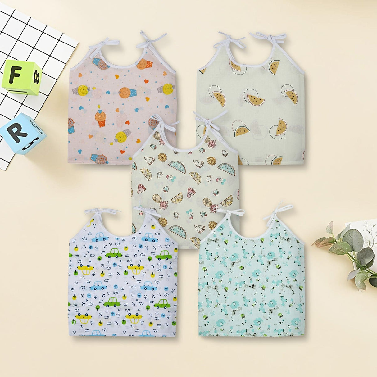 Baby Moo Car And Nature Theme Tie Knot Cotton Jhablas 5 Pcs Yellow And Multicolour