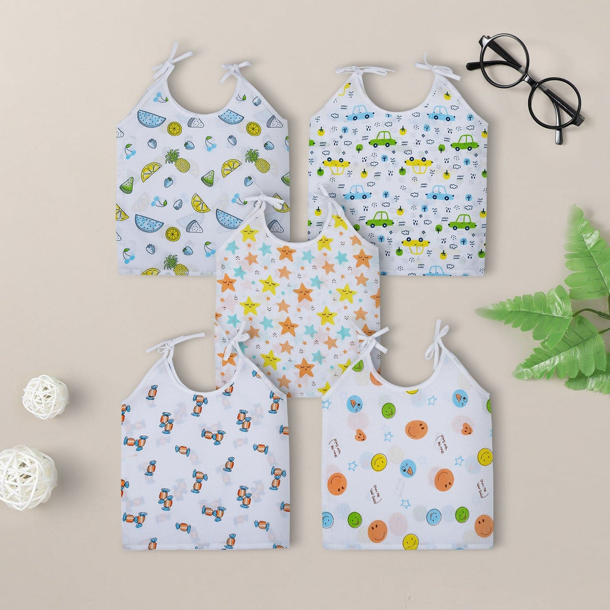 Baby Moo Cars And Stars Tie Knot Cotton Jhablas 5 Pcs Green And Multicolour