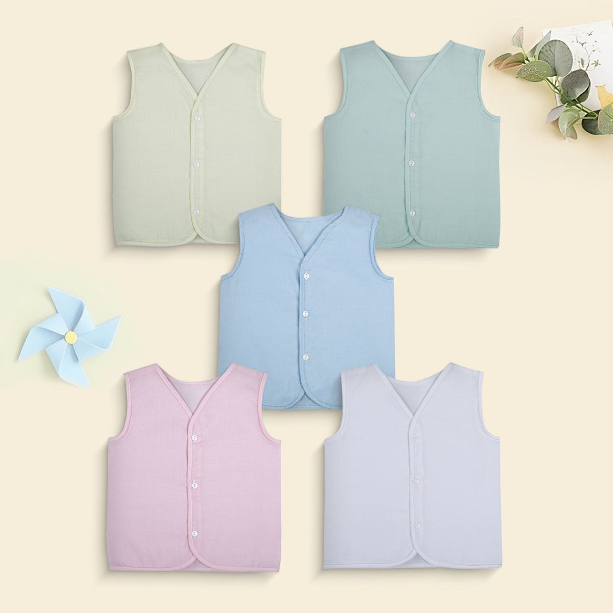 Baby Moo Solid Front Button Cotton Jhablas 5 Pcs Blue And Multicolour