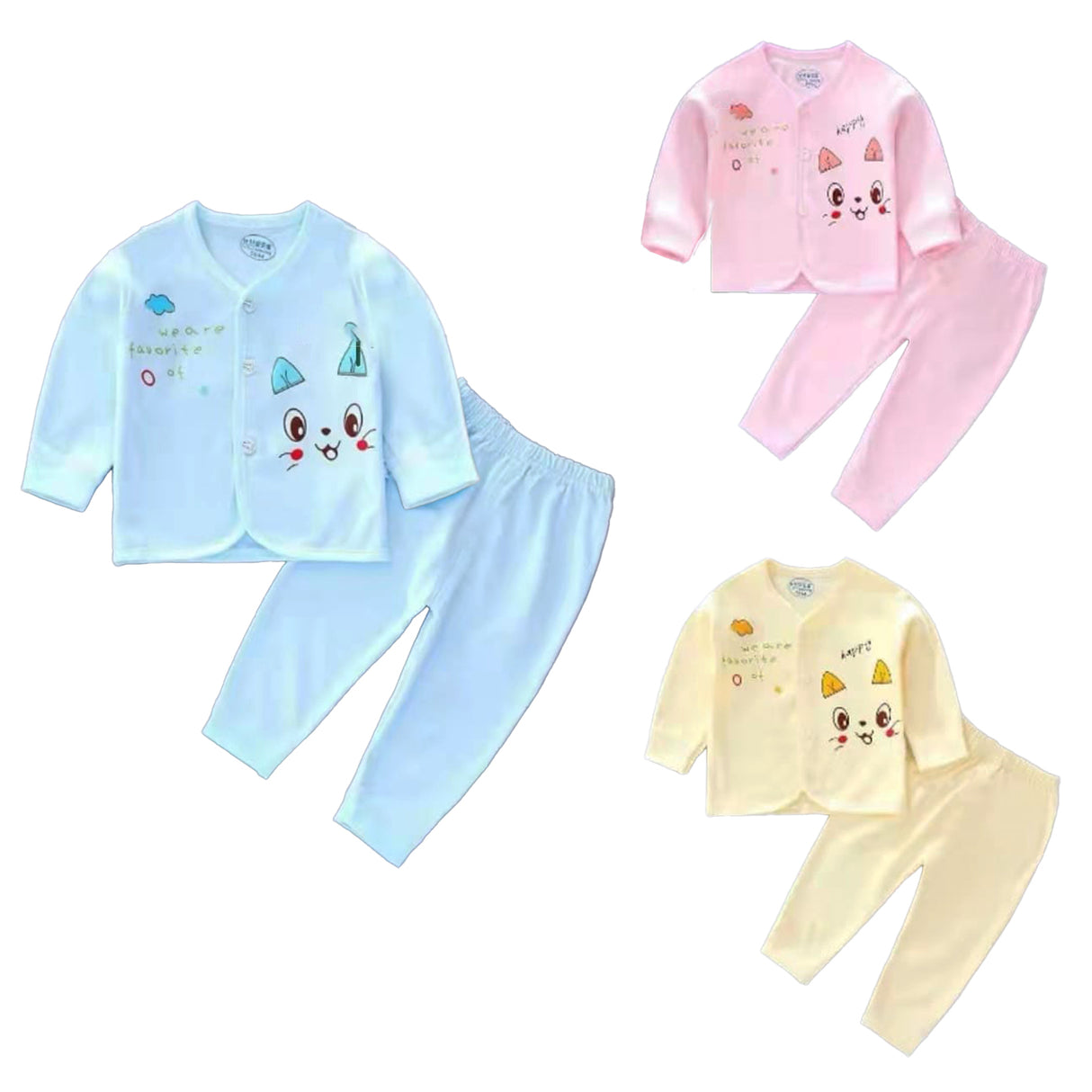 Smiling Cat Full Sleeves Top And Pyjama Buttoned Cotton Night Suit