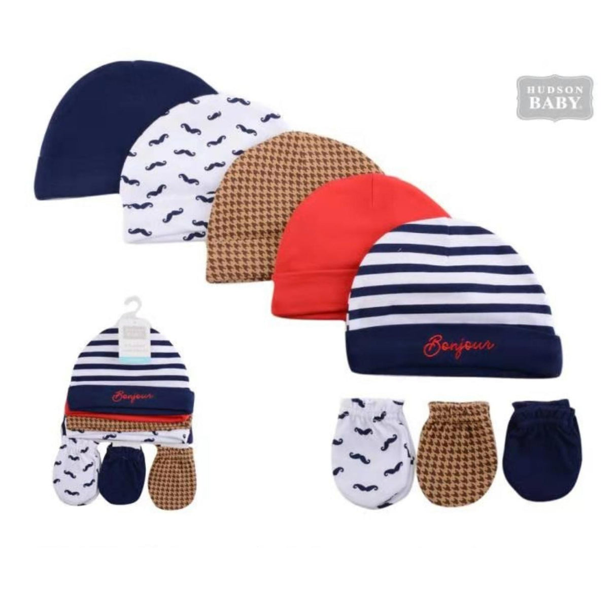 Hudson Baby Premium High Quality Cotton Caps And Mittens Set