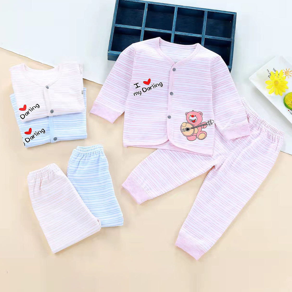 Teddy Bear Full Sleeves Top And Pyjama Buttoned Cotton Night Suit