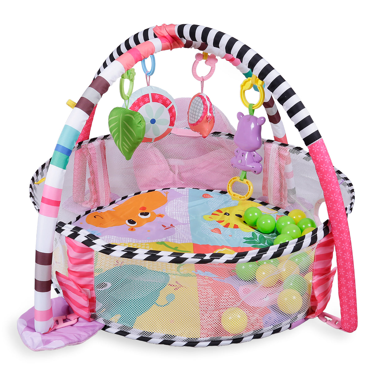 Baby Moo Hippo Infant Play Mat Activity Gym With Hanging Toys And Balls Pink