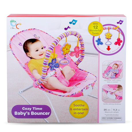 Baby Moo Jungle Friends Soothing Vibrations Bouncer Rocker With Musical Hanging Toys Pink