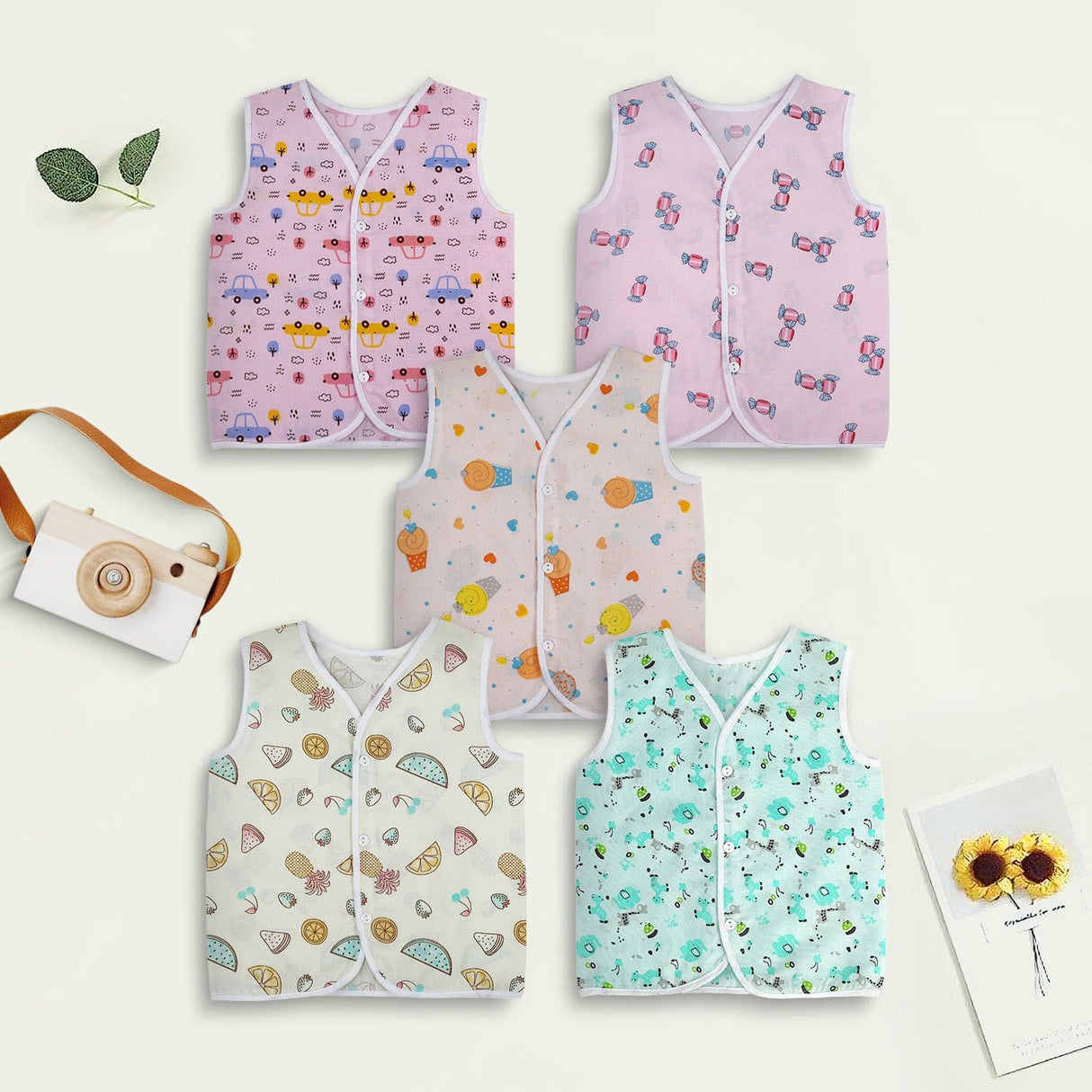 Baby Moo Sugar Rush Multi Print Front Button Cotton Jhablas 5 Pcs Pink And Multicolour