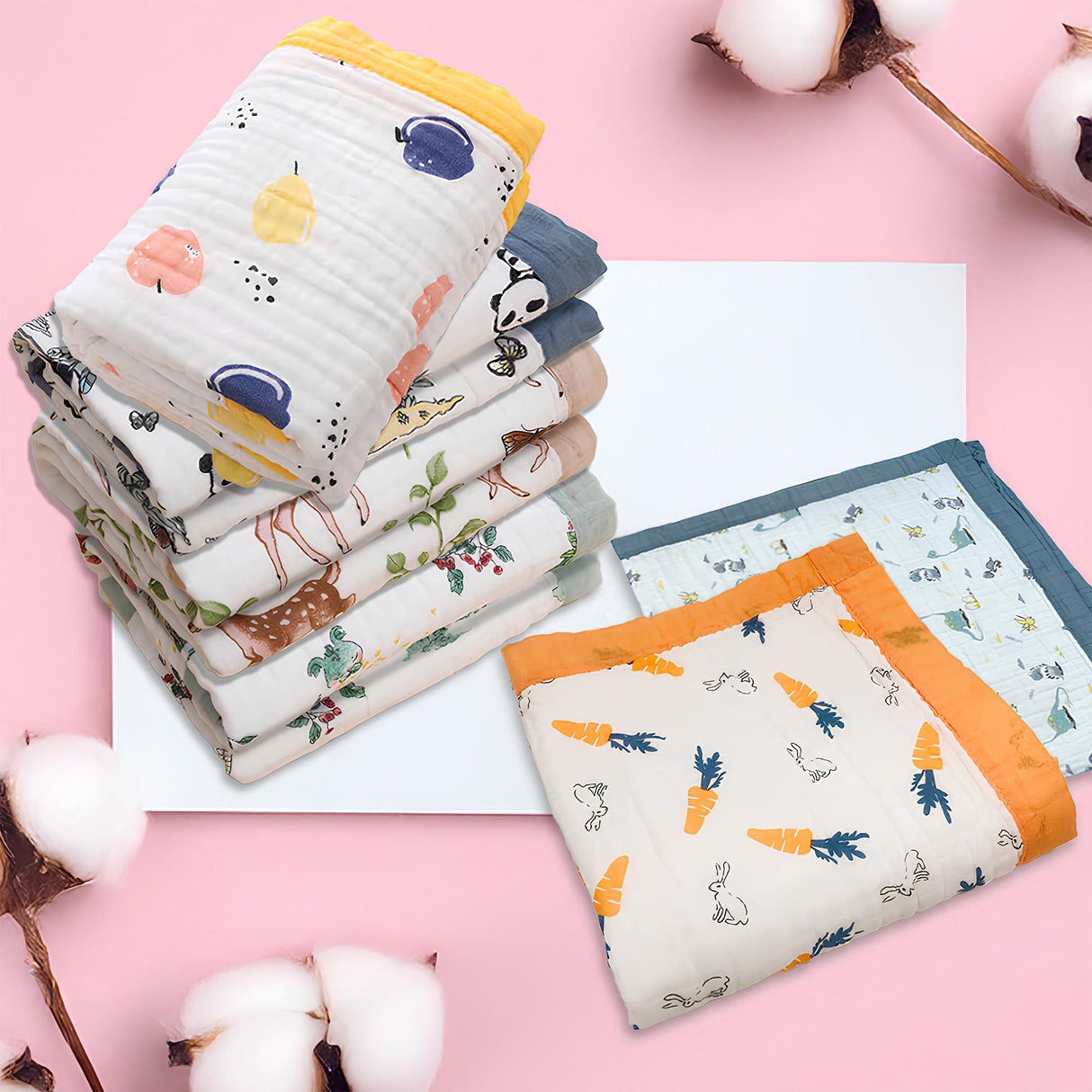 Printed With Solid Border Muslin Blanket Assorted - Multicolour