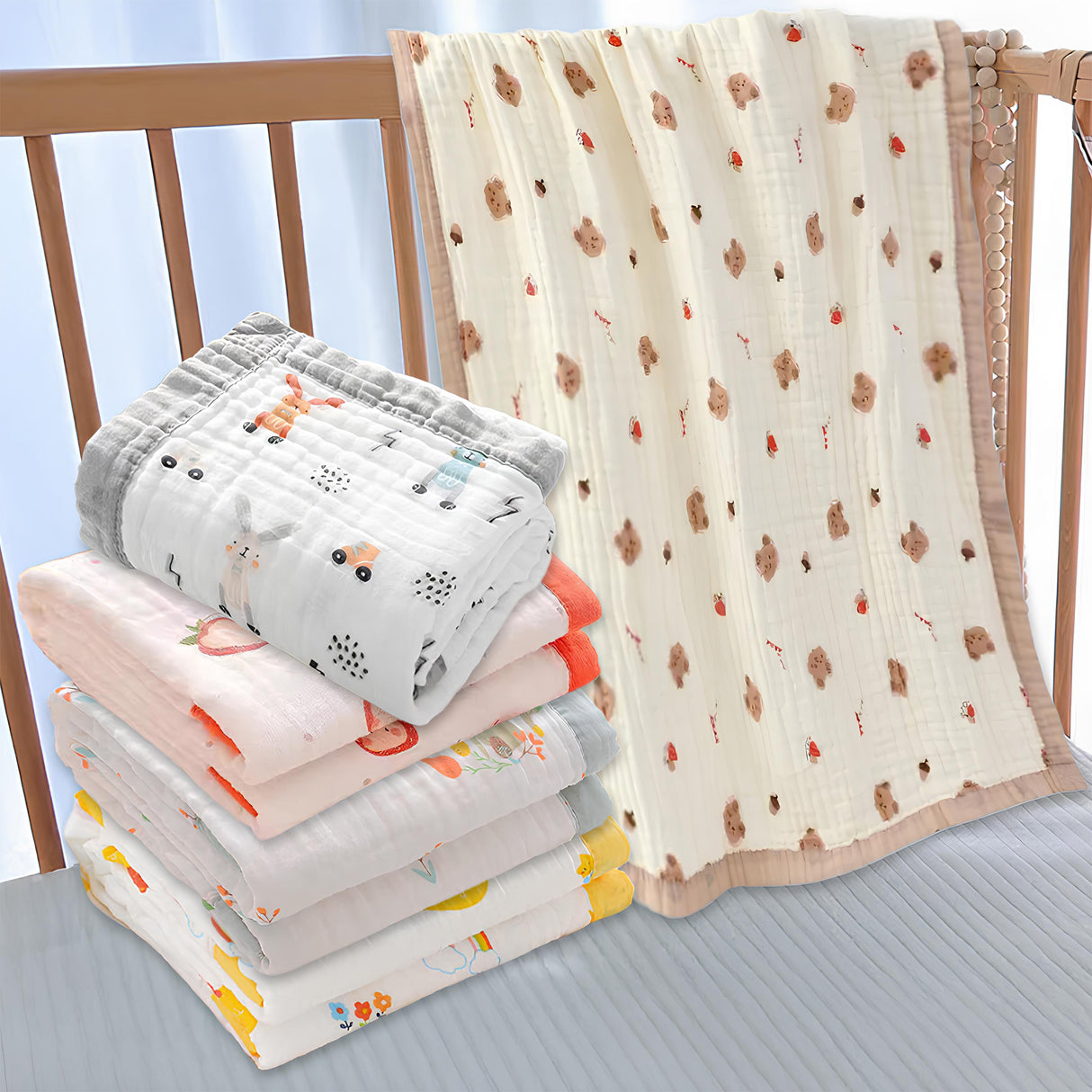 6 Layer Printed With Solid Border Muslin Towel Assorted - Multicolour