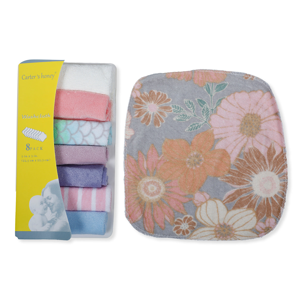 Carter's Honey Mix Print 23 x 23 cm Pack Of 8 Terry Cotton Wash Cloth