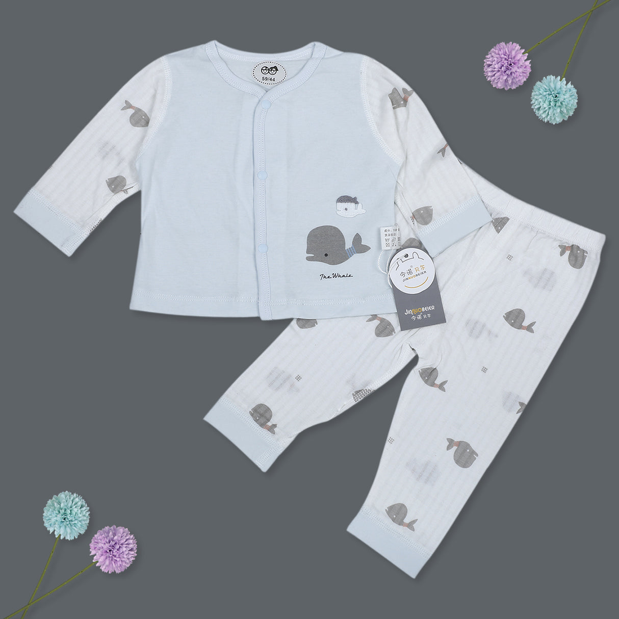 Whale Full Sleeves Top And Pyjama Buttoned Night Suit