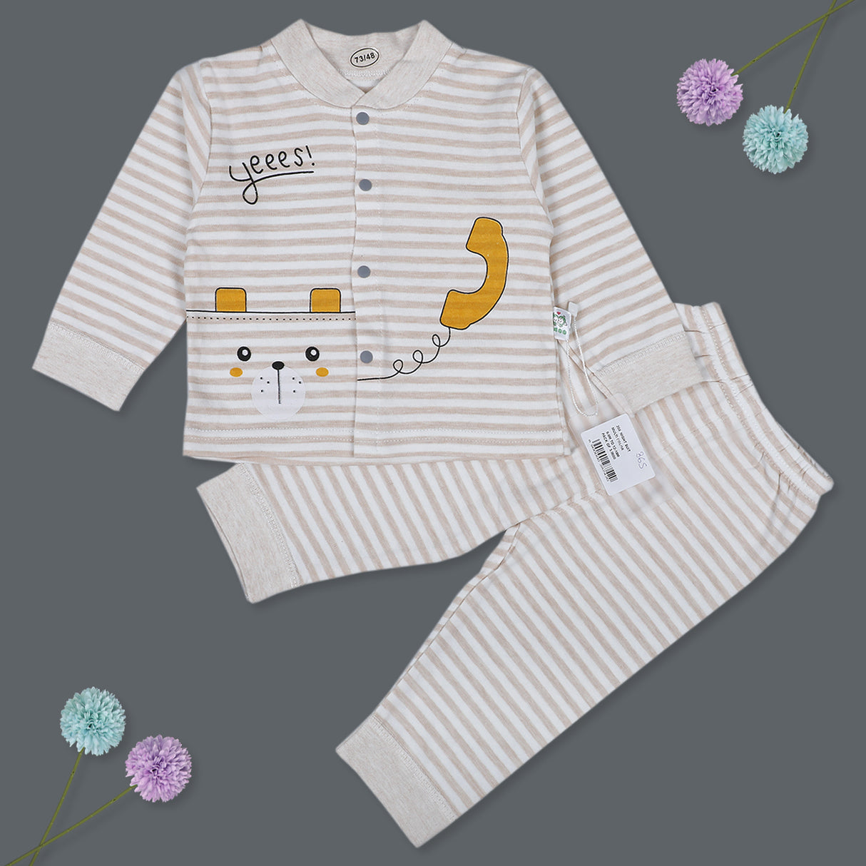 Telephone Full Sleeves Top And Pyjama Buttoned Cotton Night Suit