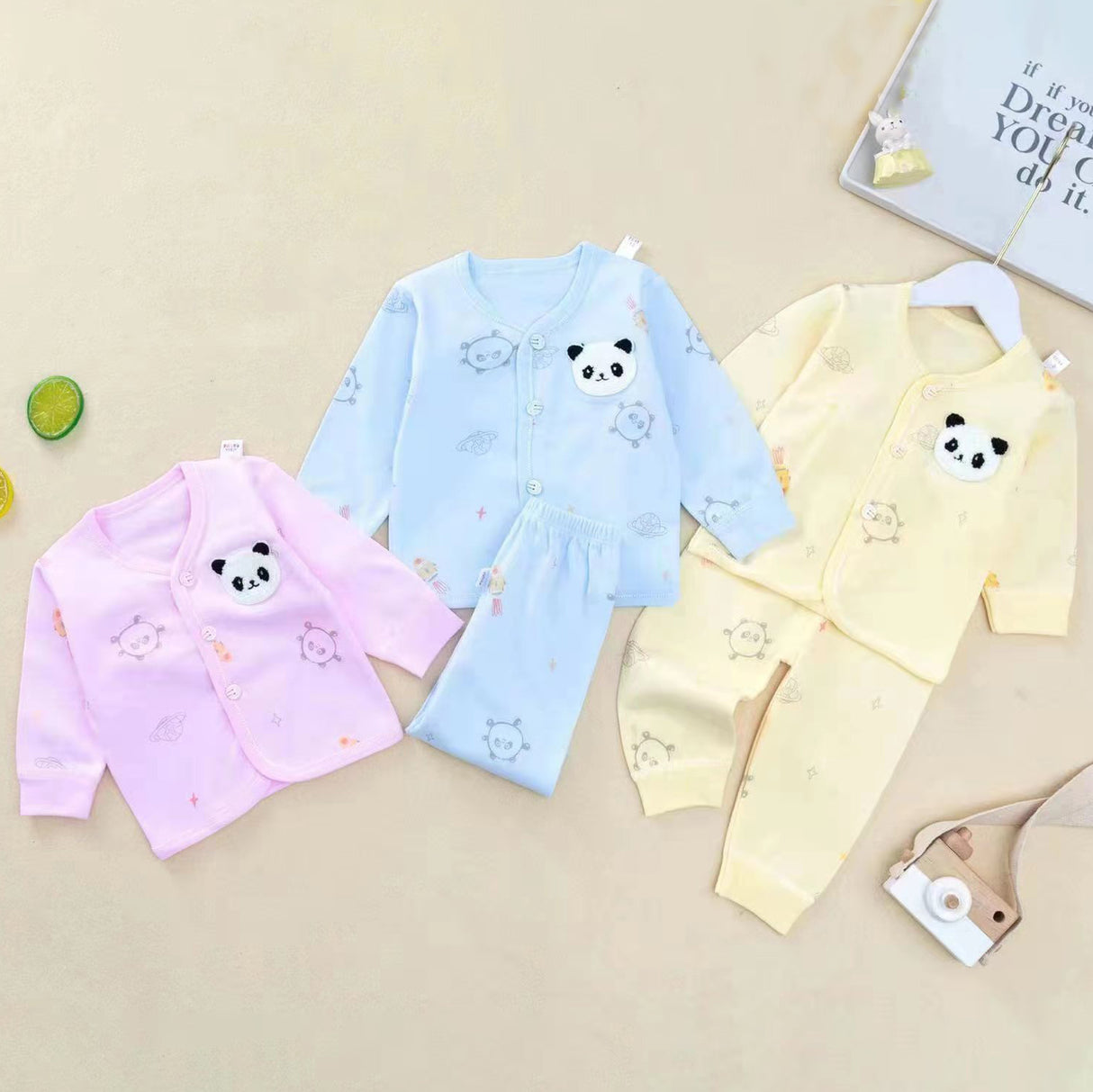 Panda Full Sleeves Top And Pyjama Buttoned Cotton Night Suit