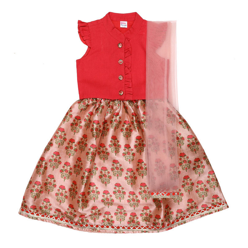 Kicks And Crawl Rosy Red Lehenga, Blouse And Dupatta Set