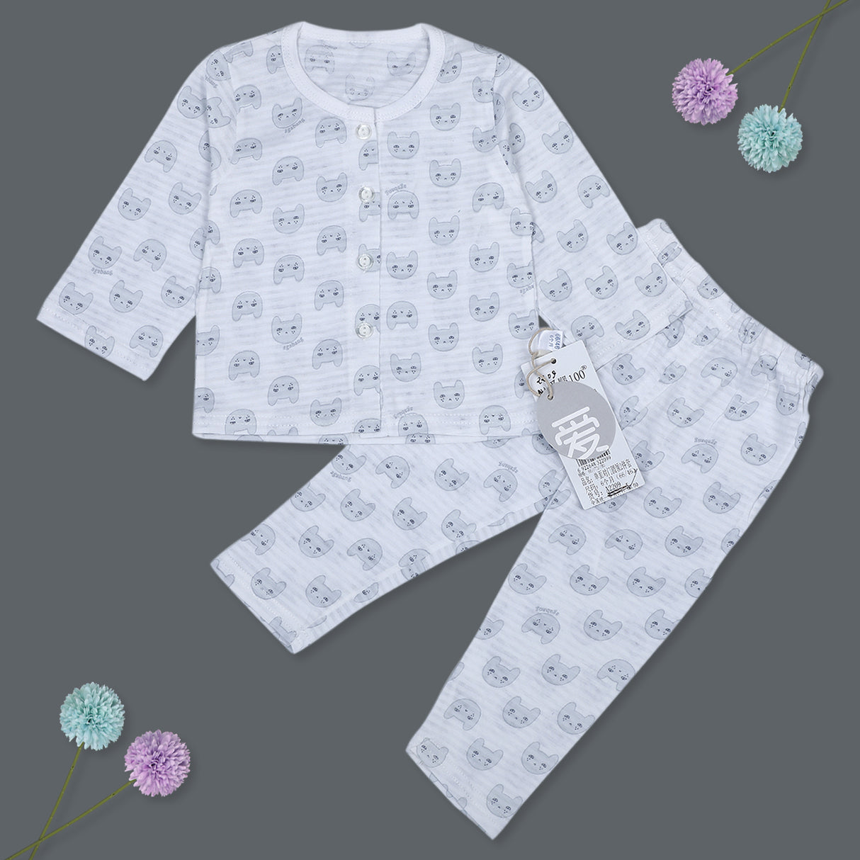 Cute Cat Full Sleeves Top And Pyjama Buttoned Night Suit
