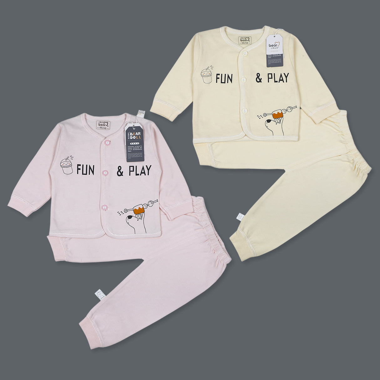 Fun & Play Full Sleeves Front Open Top And Pyjama Cotton Night Suit