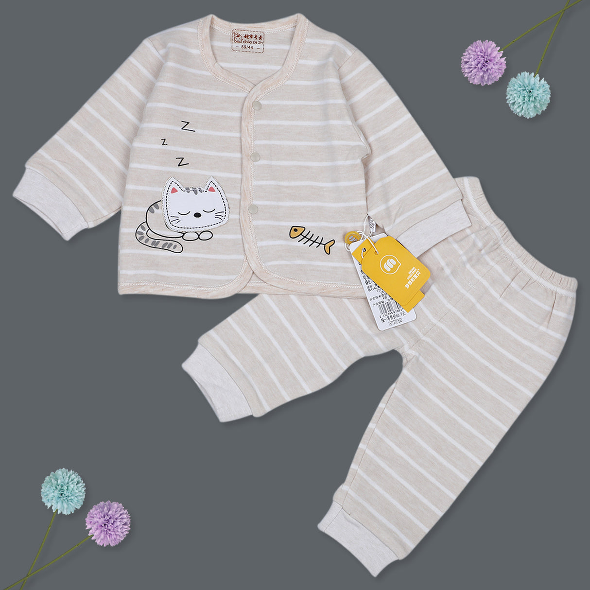 Cat Full Sleeves Top And Pyjama Buttoned Night Suit