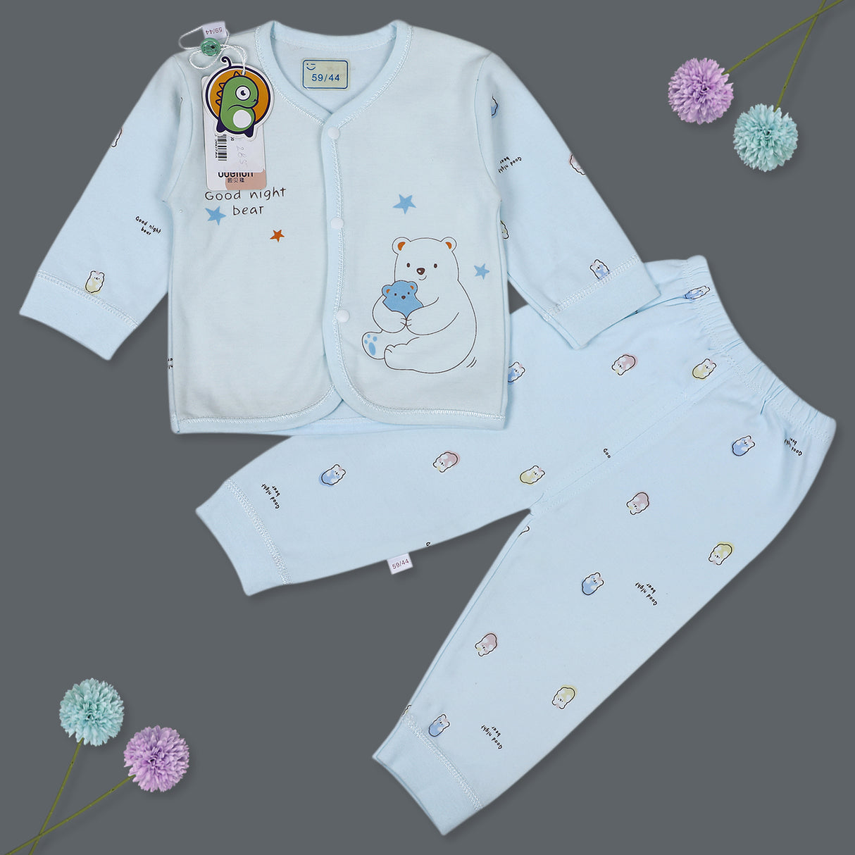 Cute Bear Full Sleeves Front Open Top And Pyjama Cotton Night Suit