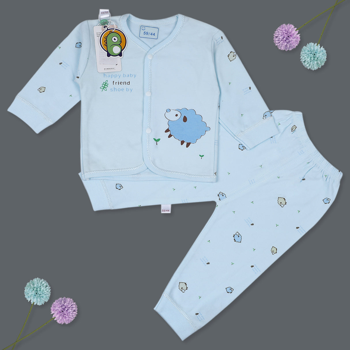 Sheep Full Sleeves Front Open Top And Pyjama Cotton Night Suit