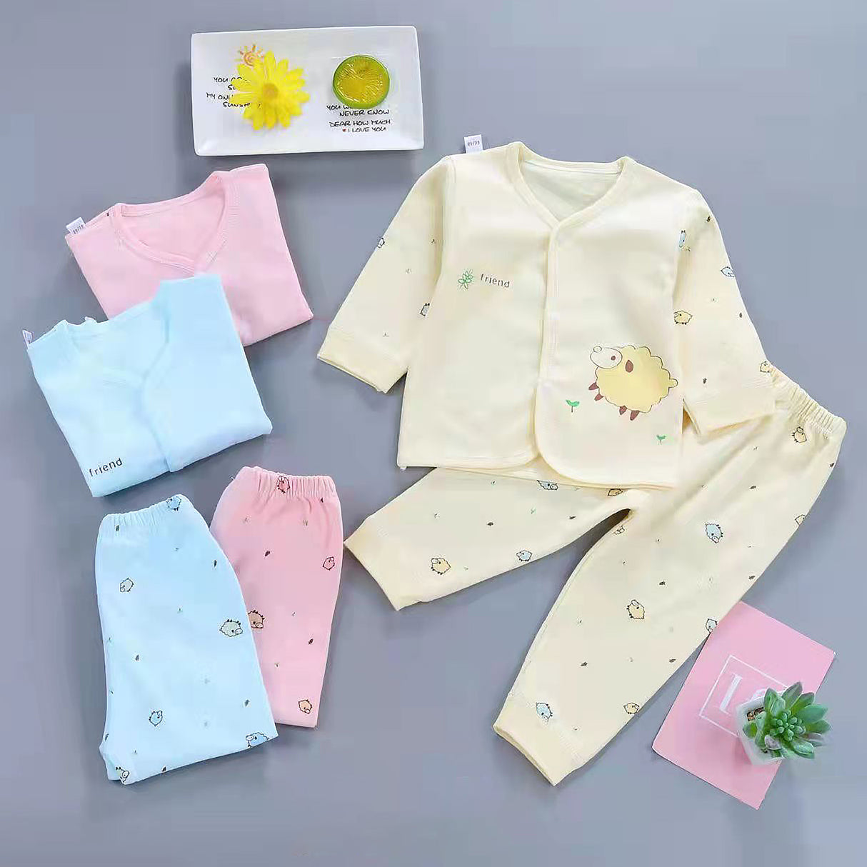 Sheep Full Sleeves Top And Pyjama Buttoned Cotton Night Suit