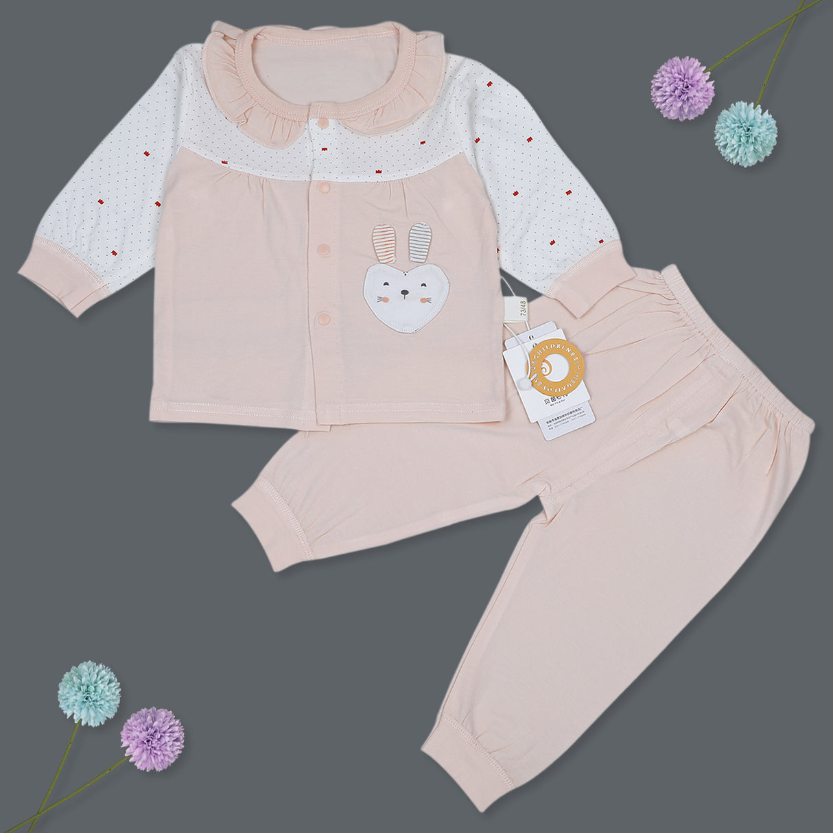 Bunny Full Sleeves Top And Pyjama Buttoned Night Suit