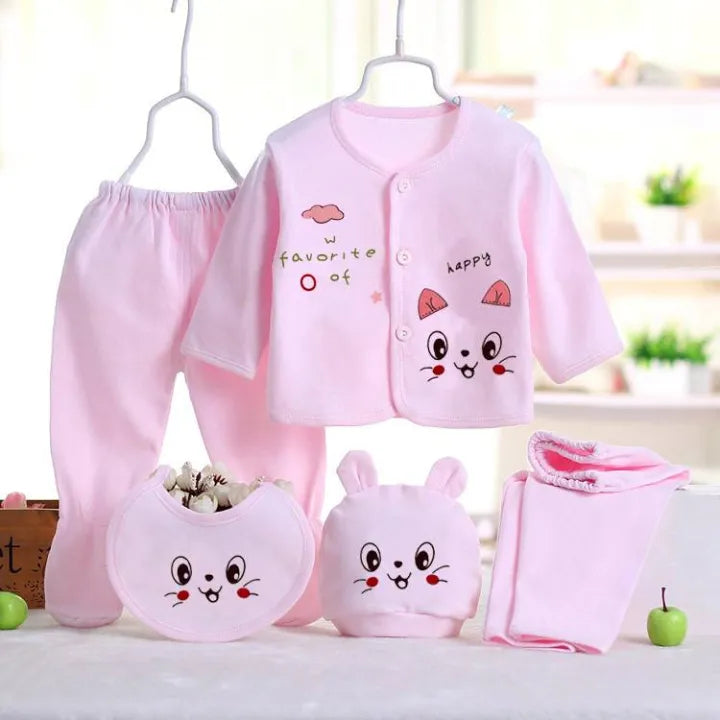 Adorable Long Sleeve Top Bib Cap And Two Pyjama Baby Clothes Gift Set