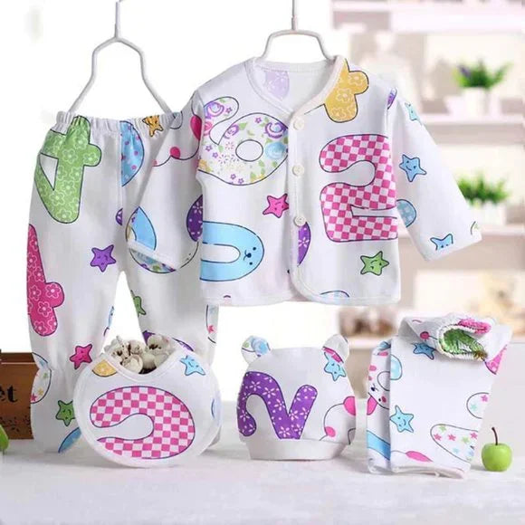 Adorable Long Sleeve Top Bib Cap And Two Pyjama Baby Clothes Gift Set