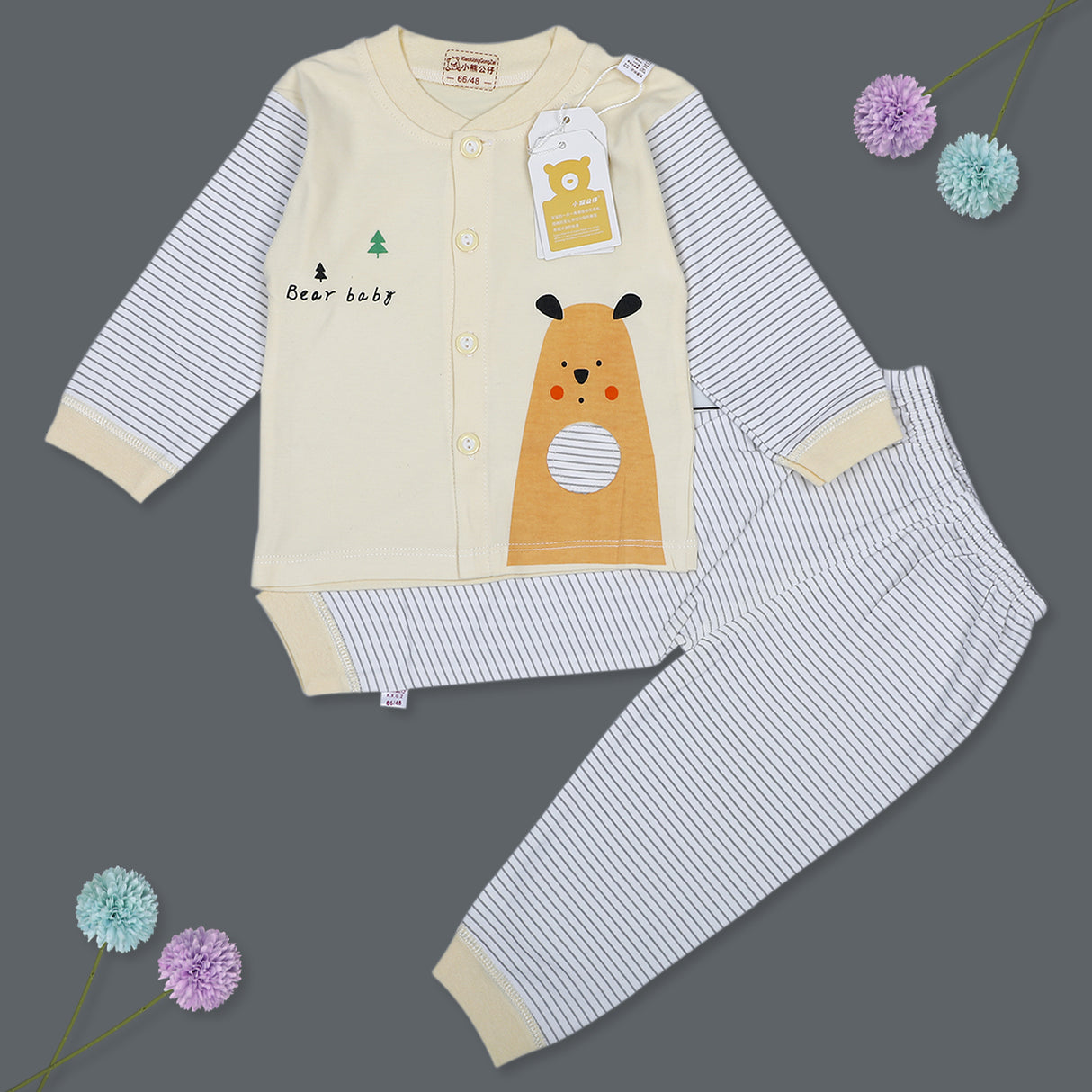 Bear Baby Full Sleeves Top And Pyjama Buttoned Night Suit