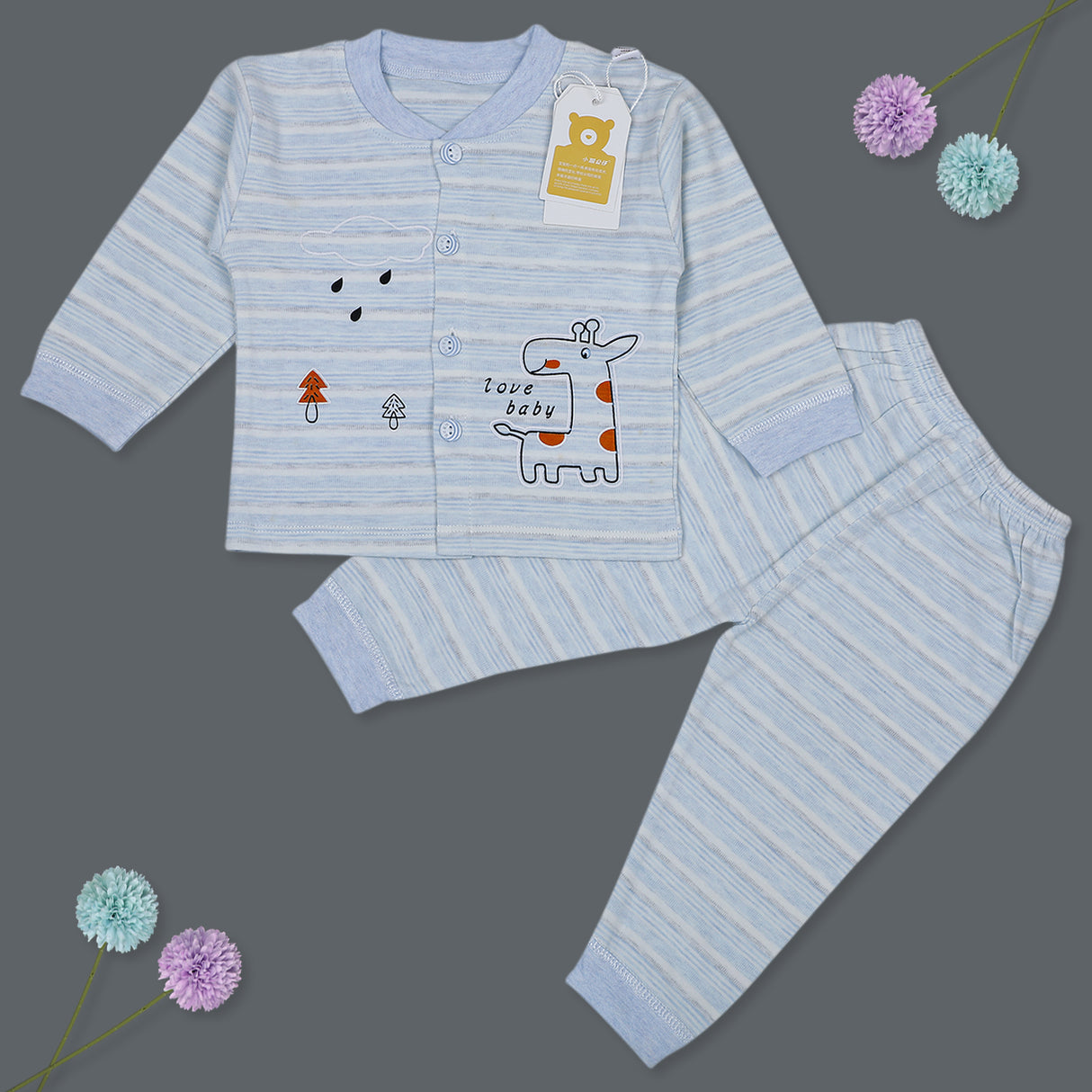 Giraffe Full Sleeves Top And Pyjama Buttoned Cotton Night Suit