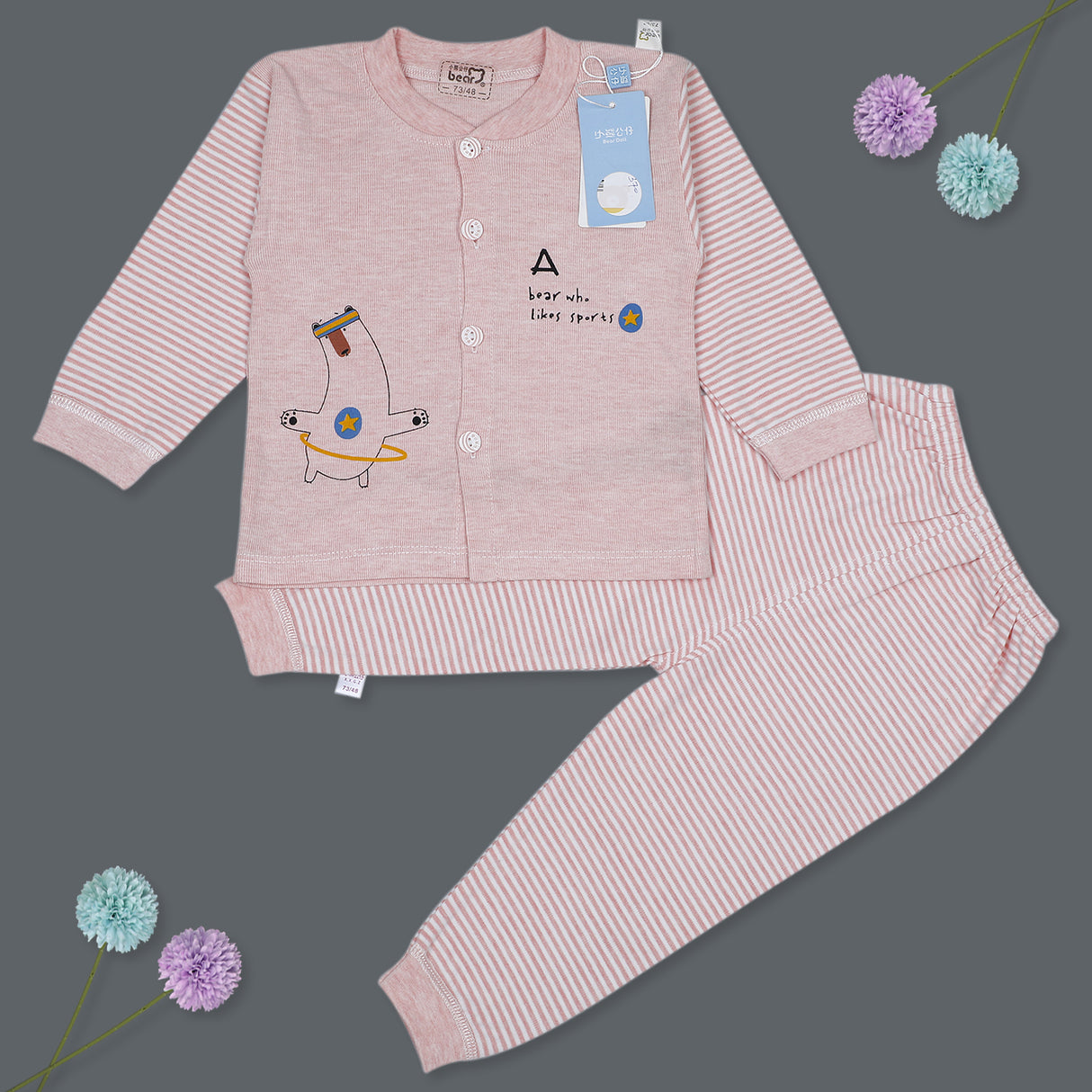 Sporty Bear Full Sleeves Top And Pyjama Buttoned Night Suit