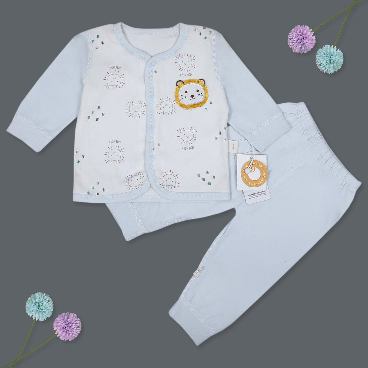 Lion Full Sleeves Front Open Top And Pyjama Cotton Night Suit